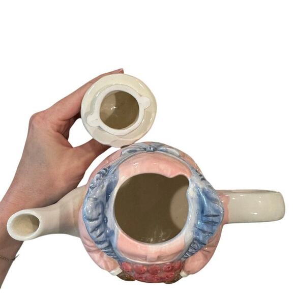 Vintage Decorative Ceramic Cat Teapot Mother Cat With Apron Basket Apples Kitsch - Picture 6 of 10